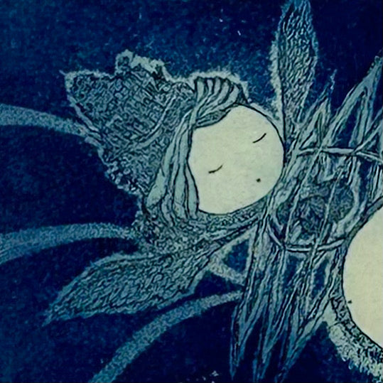 【オリジナル銅版画】前田 勝弘(Katsuhiro MAEDA)「あおいエーテルのウミで ふたごのホシは ちがうユメをみているのでした...」(ed. 1/10)