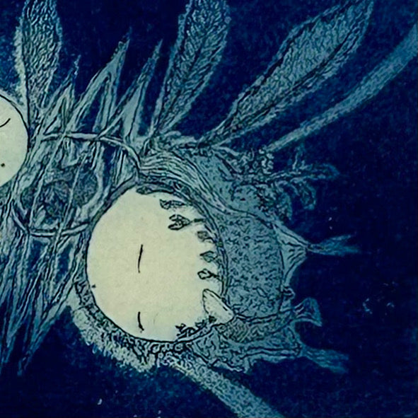 【オリジナル銅版画】前田 勝弘(Katsuhiro MAEDA)「あおいエーテルのウミで ふたごのホシは ちがうユメをみているのでした...」(ed. 1/10)
